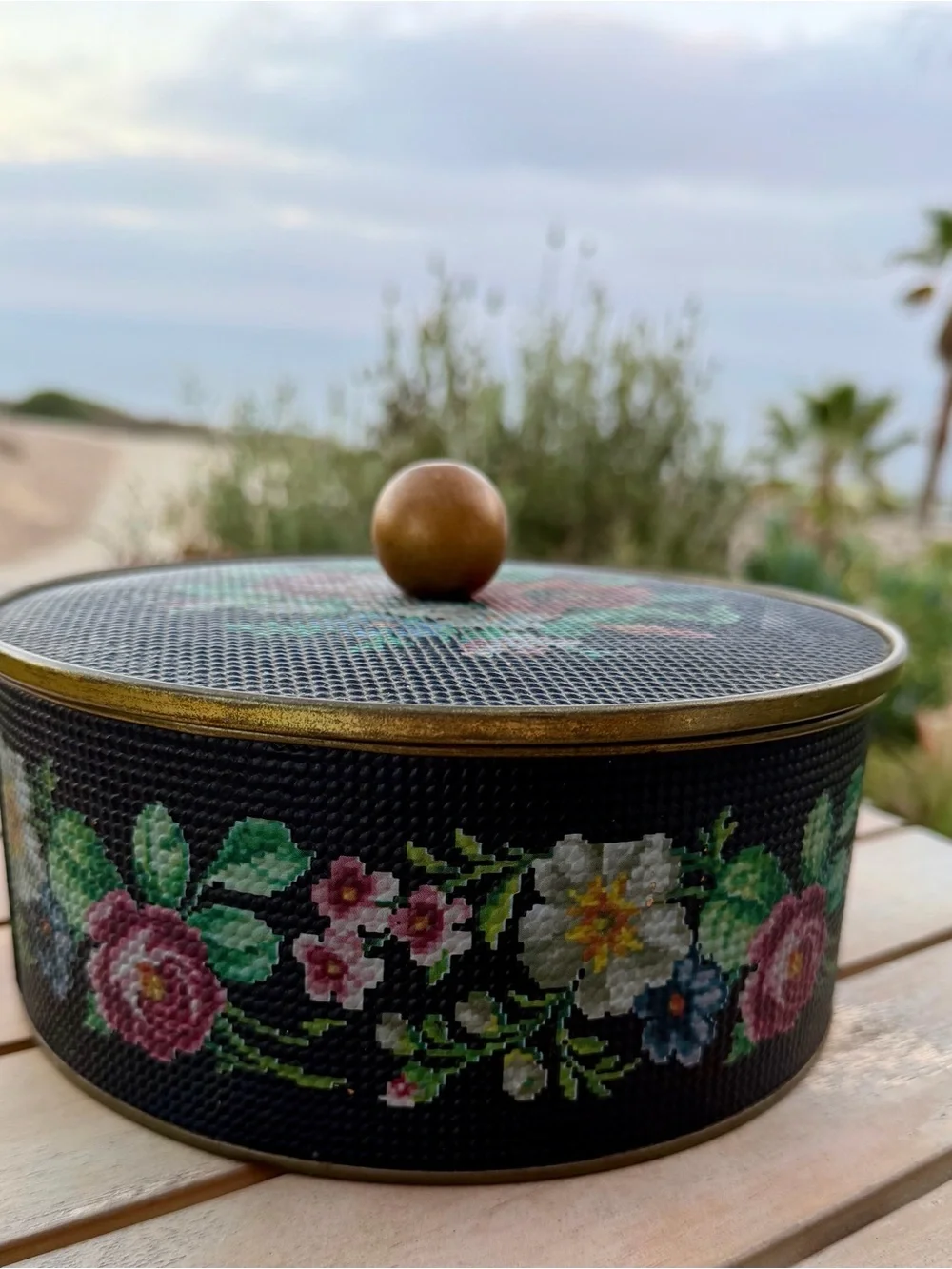 Embroidered Floral Round Storage Tin - Black & Pink